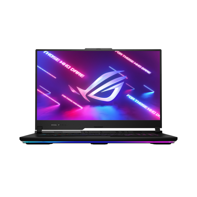 Front Angle of the Rog Strix Scar 17 With the Rog Fearless Eye Logo Visible on Screen